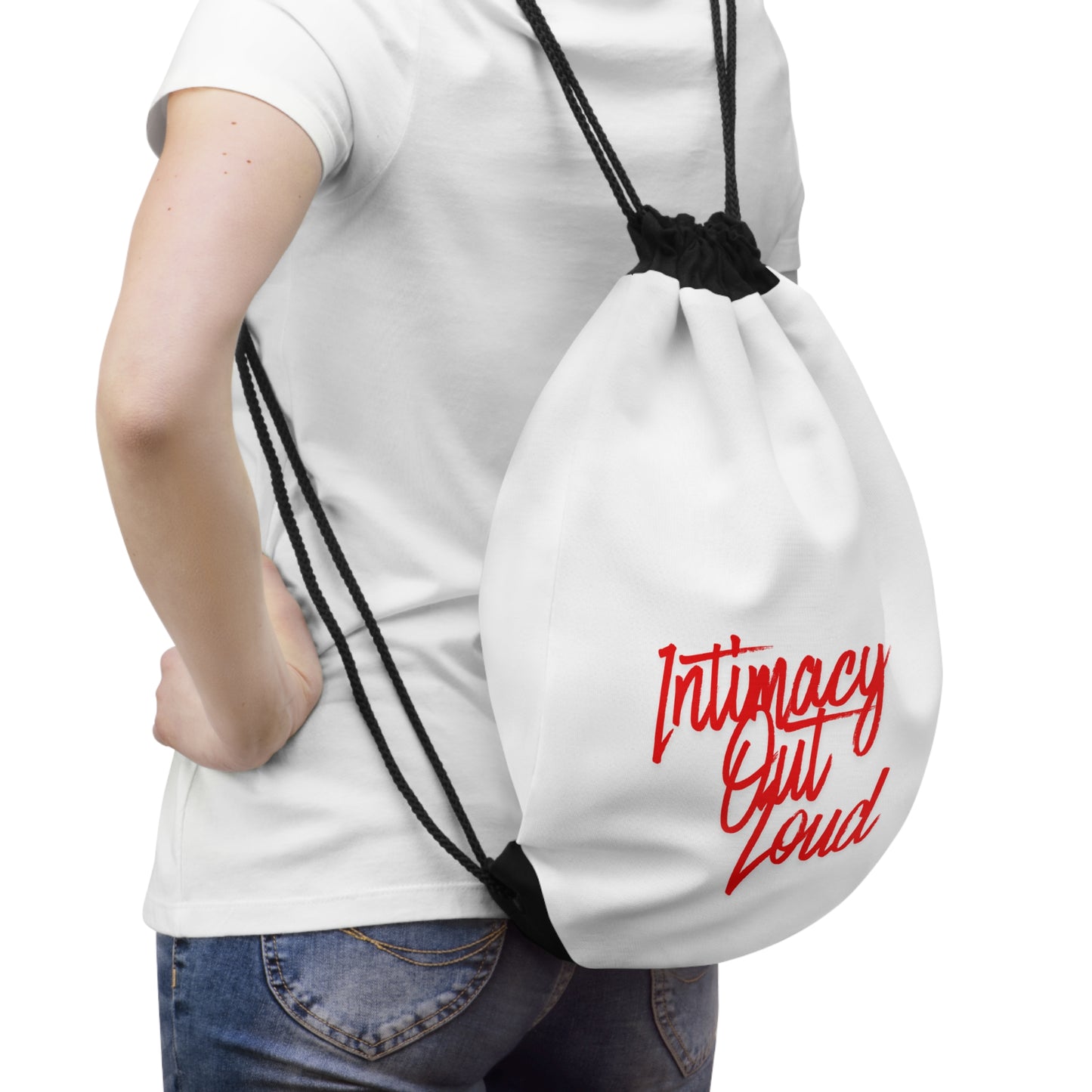 Intimacy Out Loud Drawstring Bag | Script Red Typography, Minimal Design