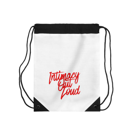 Intimacy Out Loud Drawstring Bag | Script Red Typography, Minimal Design