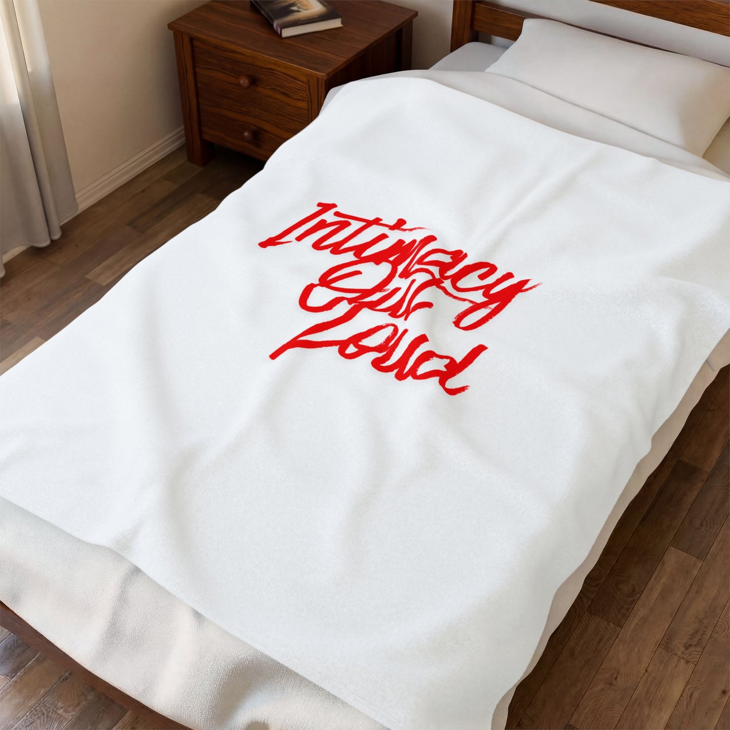 Intimacy Out Loud Velveteen Plush Blanket | Script Typography, Red Text on White